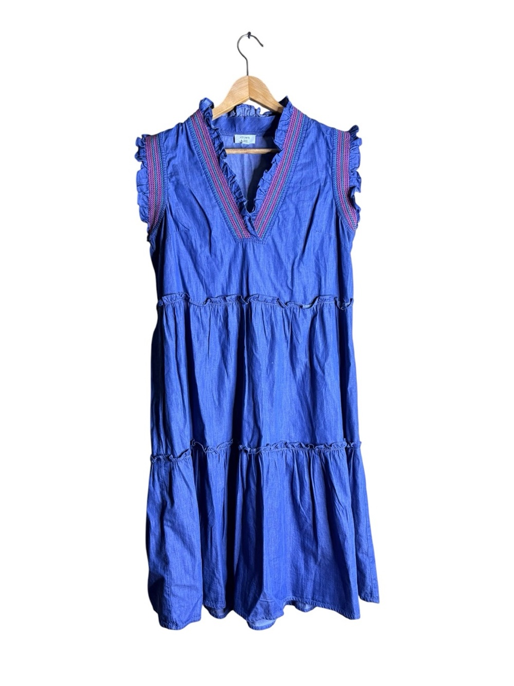 Crown & Ivy Blue Chambray Tiered Midi Dress Medium Ruffle Embroidered